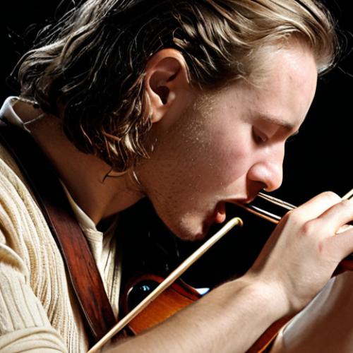 Home 15 **Image Prompt:** A musician deeply immersed in their performance, conveying emotion through their instrument. Focus on the expression, atmosphere, and the connection between the musician and the music, rather than technical details.
