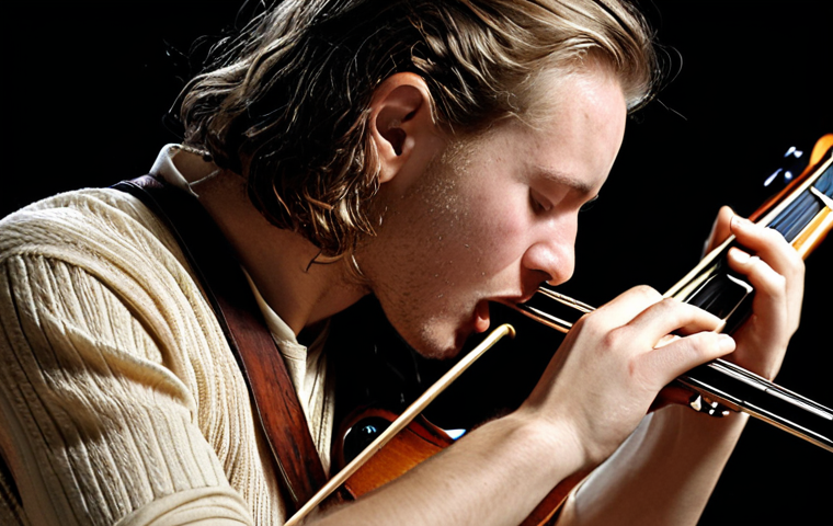 **Image Prompt:** A musician deeply immersed in their performance, conveying emotion through their instrument. Focus on the expression, atmosphere, and the connection between the musician and the music, rather than technical details.