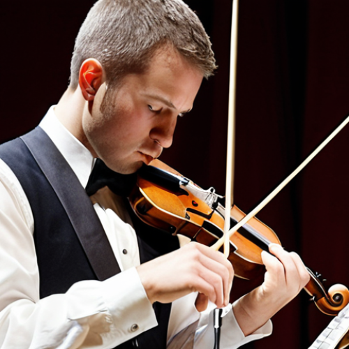 Home 14 **
A musician intensely focused on playing their instrument, demonstrating proper technique, posture, and clean sound production. The scene should emphasize technical proficiency and rhythmic accuracy. The background could subtly hint at a concert hall or examination setting.
**