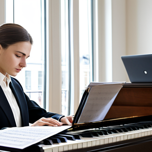 Home 7 A professional female classical pianist in a modest business suit and blouse, seated at an elegant wooden desk. She is thoughtfully reviewing sheet music and handwritten notes, with an open laptop displaying an audio waveform, implying self-analysis of a performance. Her posture is poised and focused. The setting is a serene, well-lit music study with a large window providing soft, natural light, and a grand piano subtly visible in the background. fully clothed, appropriate attire, safe for work, perfect anatomy, correct proportions, natural pose, well-formed hands, proper finger count, natural body proportions, professional photography, high quality, professional, appropriate content.