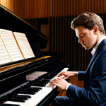 A professional musician, fully clothed in modest, elegant attire, deeply absorbed while playing a grand piano in a sophisticated, acoustically treated music studio. Warm spotlights illuminate the scene, with subtle soundproofing panels and other instruments in the background. The musician's eyes are closed, conveying a sense of creative flow and profound understanding of the music. Perfect anatomy, correct proportions, natural pose, well-formed hands, proper finger count, natural body proportions, professional photography, high resolution, safe for work, appropriate content, fully clothed, family-friendly.