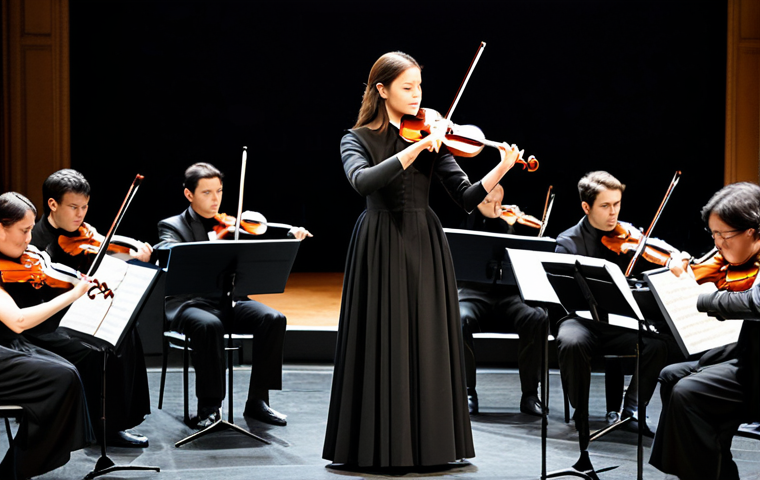 Classical Musician**

"A professional violinist, fully clothed in a modest black concert gown, performing on stage with a symphony orchestra, bathed in warm stage lighting, appropriate attire, safe for work, perfect anatomy, correct proportions, natural pose, well-formed hands, proper finger count, natural body proportions, professional photography, high quality, concert hall background."

**