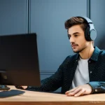 연주가 경력 발전을 위한 온라인 코스 추천 - **"A young adult, mid-20s, with a focused yet enthusiastic expression, is seated at a modern home st...