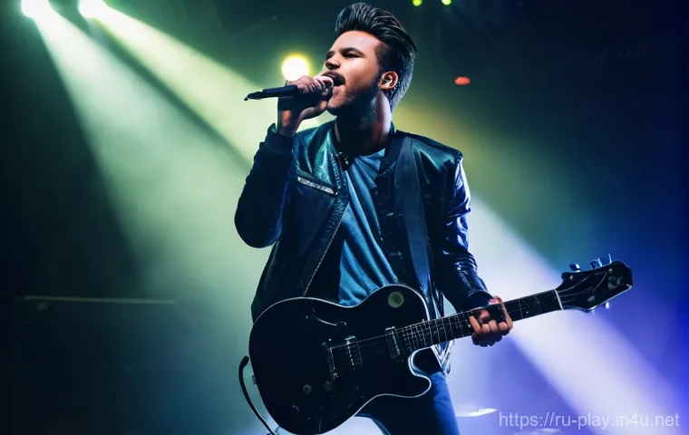 연주가 경력 인증을 위한 포트폴리오 작성법 - **A dynamic and charismatic male musician in his late 20s, performing live on a well-lit stage. He i...