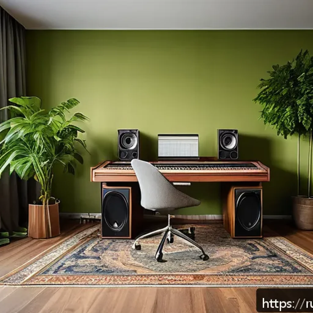 연주가 이직 후 적응기 - A modern creative workspace for a musician in Russia, featuring a cozy room with a large wooden desk...