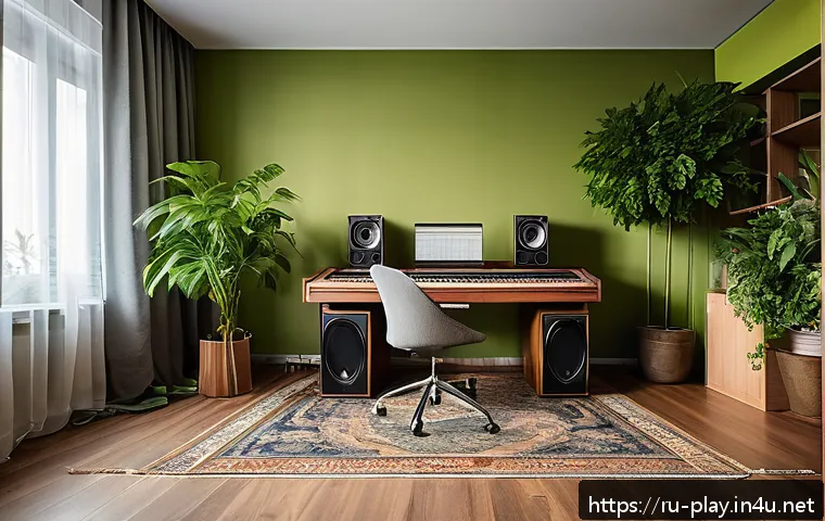 연주가 이직 후 적응기 - A modern creative workspace for a musician in Russia, featuring a cozy room with a large wooden desk...