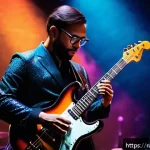 Home 18 연주가가 알아야 할 최신 음악 이론 - A sophisticated jazz musician playing an electric guitar on stage, surrounded by a vibrant atmospher...
