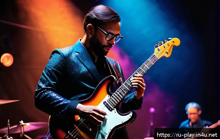 연주가가 알아야 할 최신 음악 이론 - A sophisticated jazz musician playing an electric guitar on stage, surrounded by a vibrant atmospher...