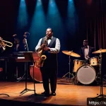 Home 22 연주가가 알아야 할 연주 스타일 - A dynamic jazz band performing on a dimly lit stage, featuring a saxophonist, double bassist, drumme...