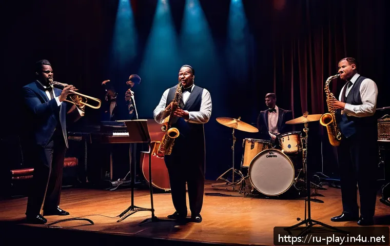 연주가가 알아야 할 연주 스타일 - A dynamic jazz band performing on a dimly lit stage, featuring a saxophonist, double bassist, drumme...