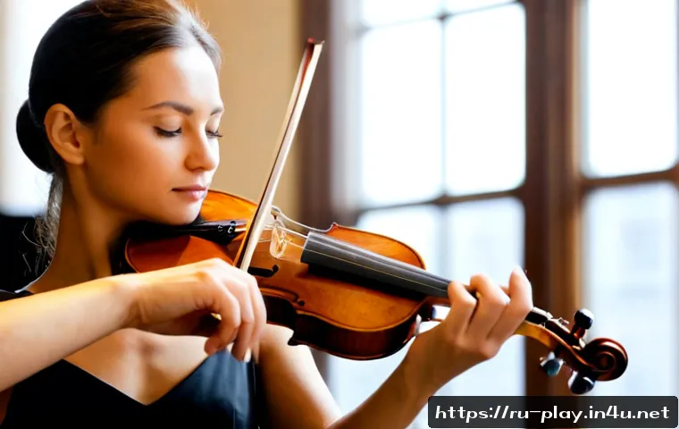 Home 17 연주가로서 전문성을 높이는 방법 - Photorealistic Russian classical violinist practicing advanced technique in a sunlit rehearsal studi...