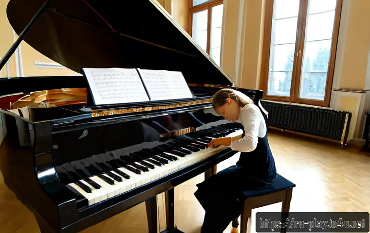 Home 17 연주가의 자격증 업그레이드 방법 - Photorealistic scene of a dedicated young Russian concert pianist preparing for professional certifi...